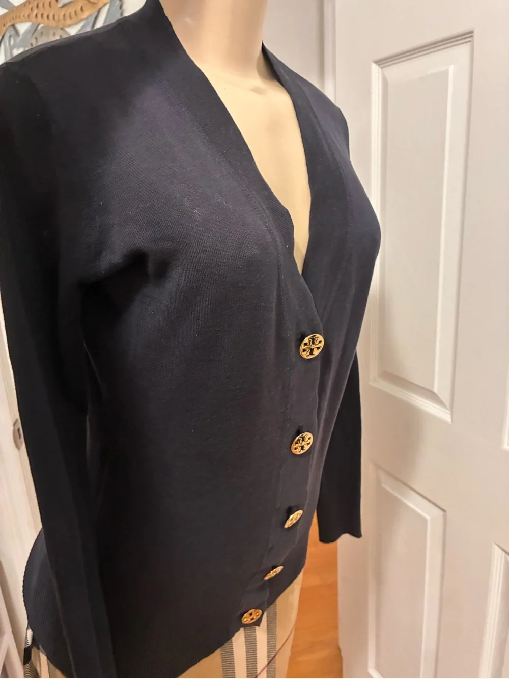 Tory Burch Navy Button-Front V-Neck Cardigan with Logo Buttons
